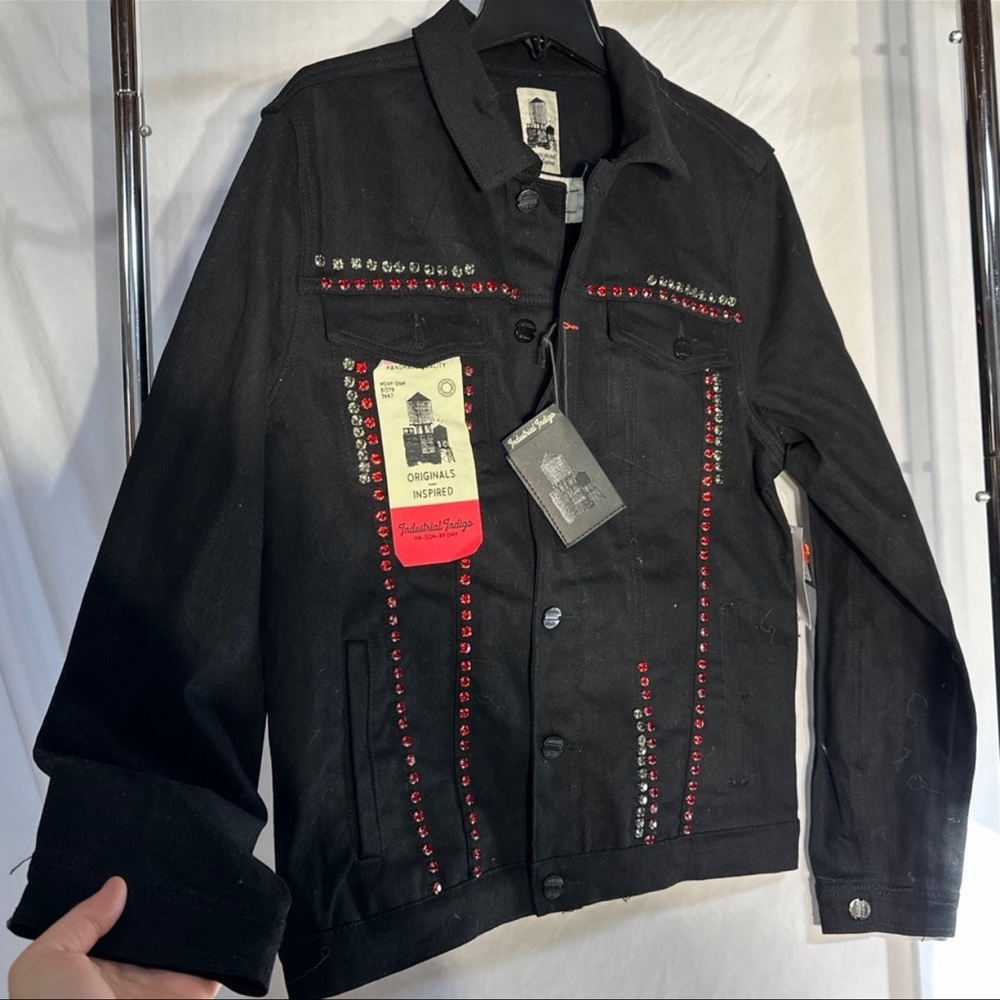 Industrial Indigo Black Denim Embellished Jacket with Rhinestones New Men’s Size